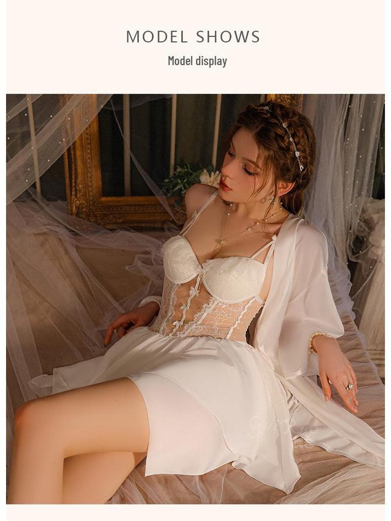 Guiruo Satin Lace Nightdress & Robe Set with Chest Pad