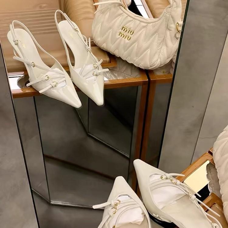 Sheepskin Version~ Genuine Leather One-word Buckle with Small Pointed Tip, Back Empty Stiletto High Heels, Women's High-heeled Sandals, Medium-h