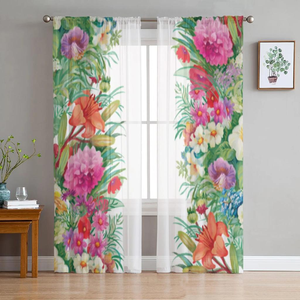 Floral Watercolor Wildflowers In Vintage Style Tulle Curtains for Living Room Bedroom Chiffon Sheer Voile Kitchen Curtain