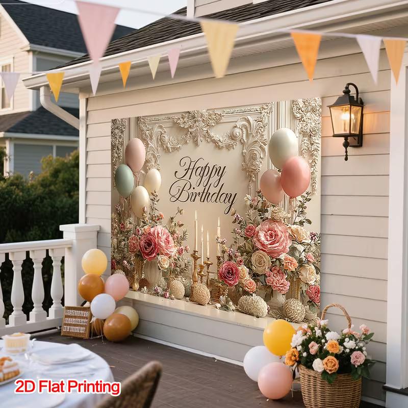 2D Cream Aesthetic Birthday Banner, Pastel Balloons and Floral Arrangement