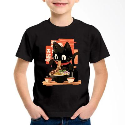 Kids T-Shirt Cat Eat Ramen Print Boy and Girl Summer Short Sleeve Round Neck Casual Top Outdoor Kids Clothing