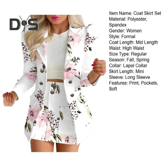 2 Pcs/Set Coat Skirt Set Flower Check Print Color Matching Long Sleeve High Waist OL Style Formal Commute Suit Lady Jacket Skirt Set