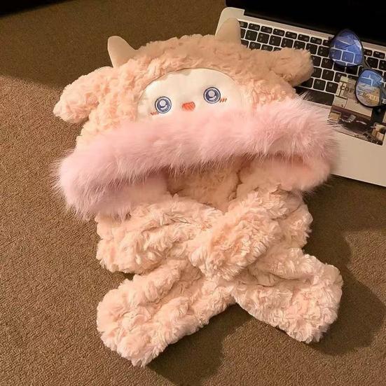 Women Hat Fox Ear Shape Thickened Plush Warm Winter Hat with Scarf Design Outdoor Activities Warm Headwear