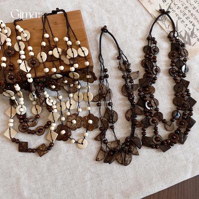Bohemian Multi-layer Wood Bead Coconut Shell Flower Necklace Accessories Women's Exaggerated Sweater Chain Light Luxury Premium Sense Accessories