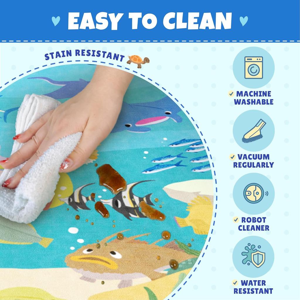 Colorful Underwater World Rug for Kids Room Featuring Whales Dolphins Octopus and Treasure