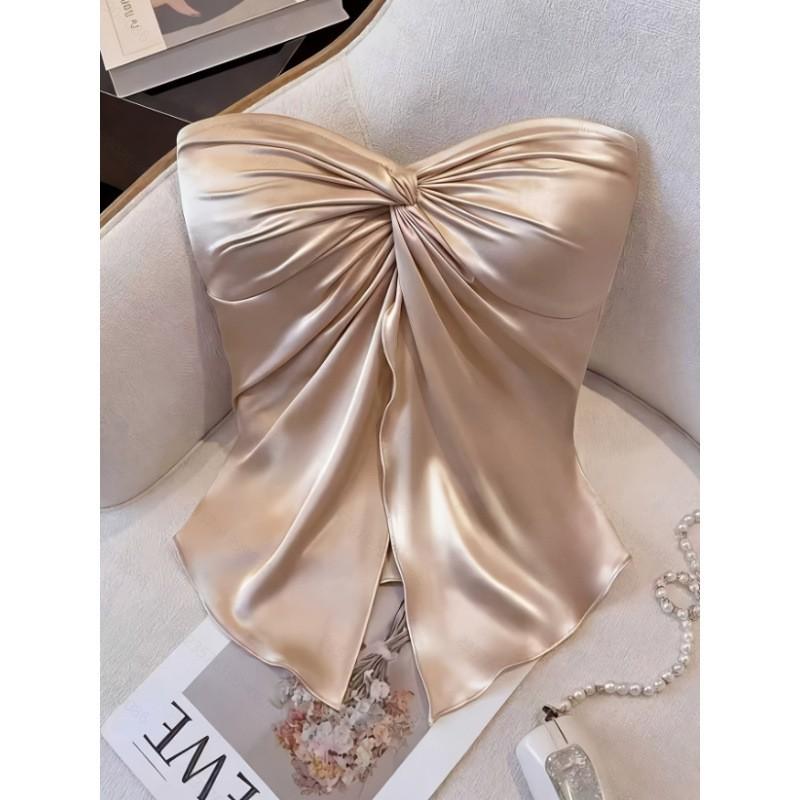 Womens Elegant Solid Satin Knotless Strapless Top Slim Fit Crop Blouse Date Night Small абрикосовый