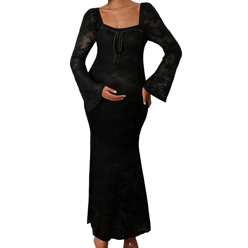 Maternity Dress Fall Winter Flared Sleeve Fitted Elegant Gown