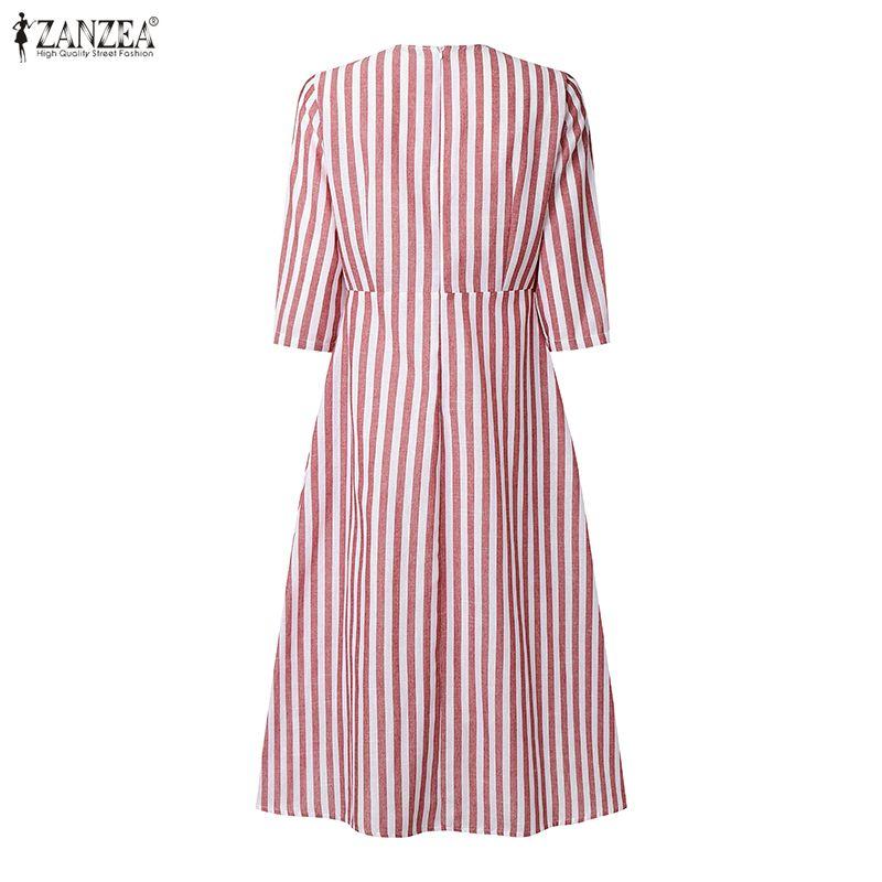 ZANZEA Vestido informal holgado de rayas con escote en V y mangas 3/4 para mujer