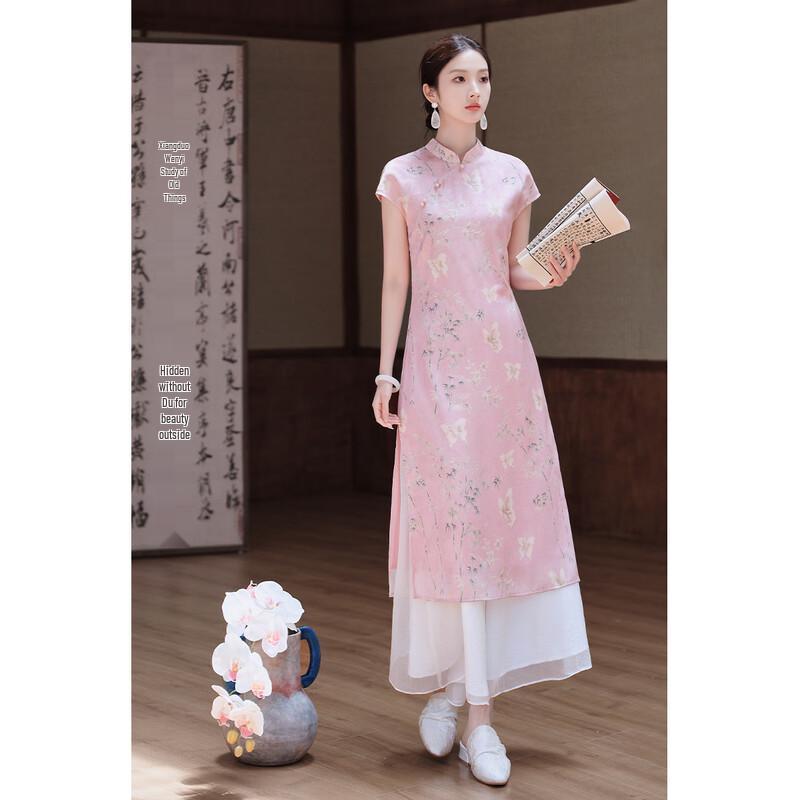 JK&JS New Chinese Style Short Sleeve Jacquard Satin Qipao Dress