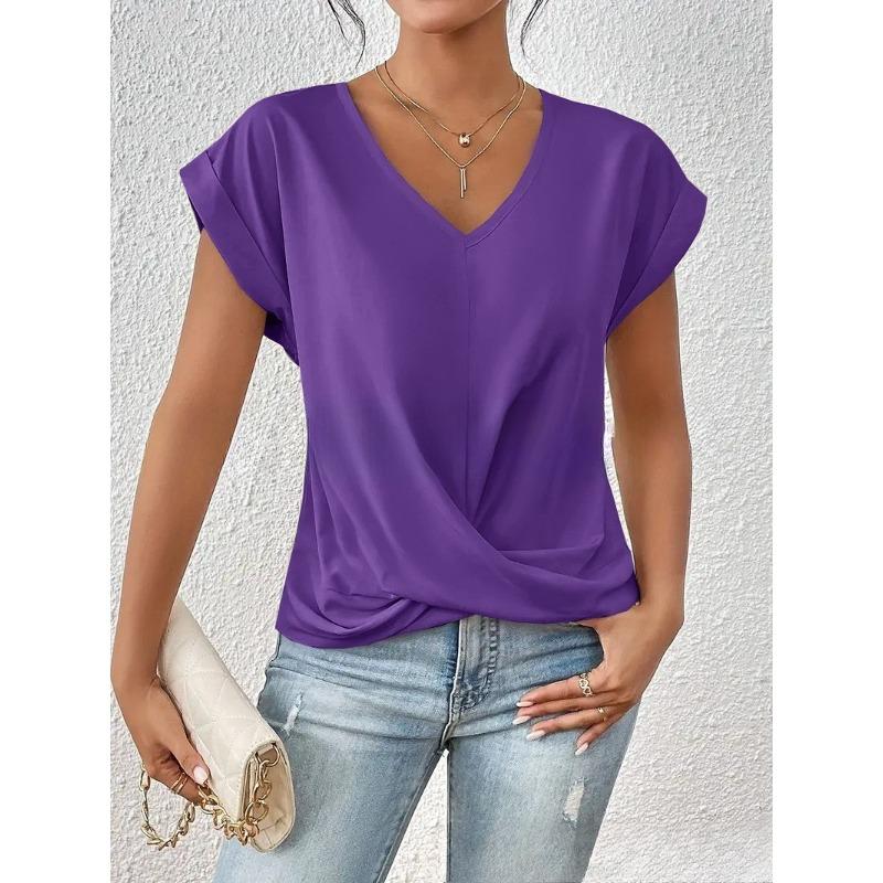 Damenmode Lässig Sommer Frühling Einfarbige Druck Kurzarm V-Ausschnitt Blusen Hemden