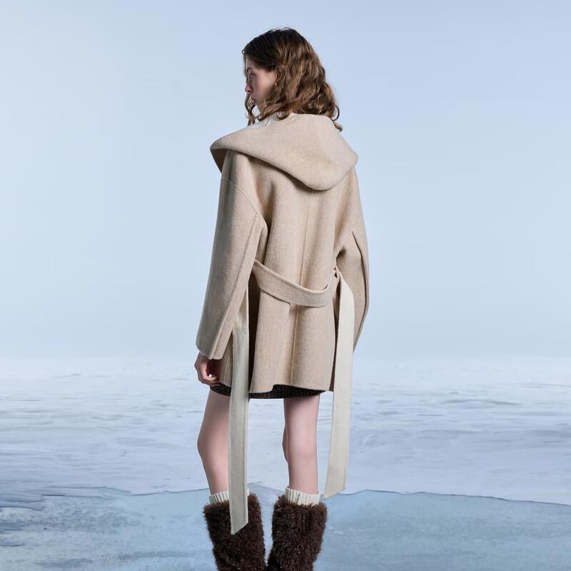 Sancai Women's 2025 Winter Hooded Double-Faced Wool Coat