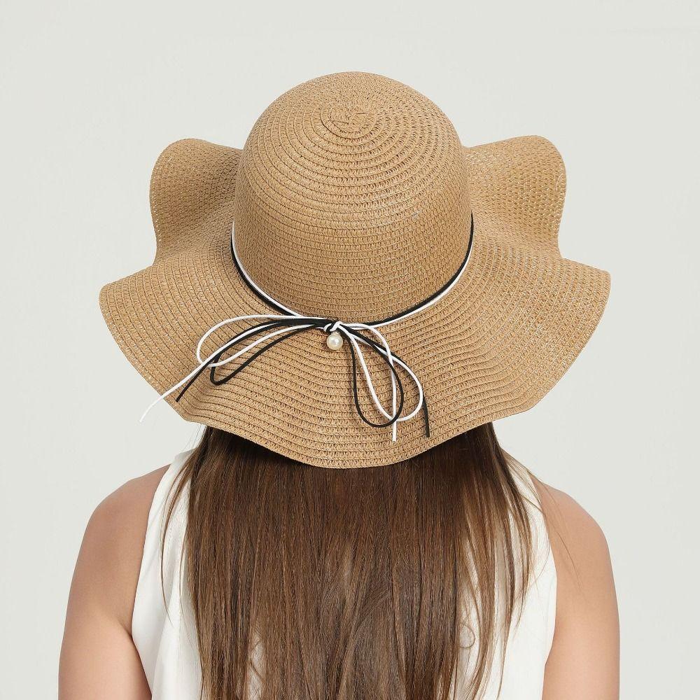 French Style Pearls Strap Straw Hat Wide Brim Women's Sun Hat Ins Folding Straw Hats Outdoor