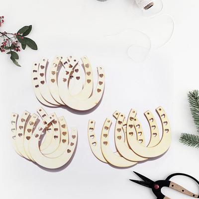 12 pezzi a forma di truciolo di legno, legno creativo, fai da te, fette di ferro di cavallo in legno, lavorazione manuale