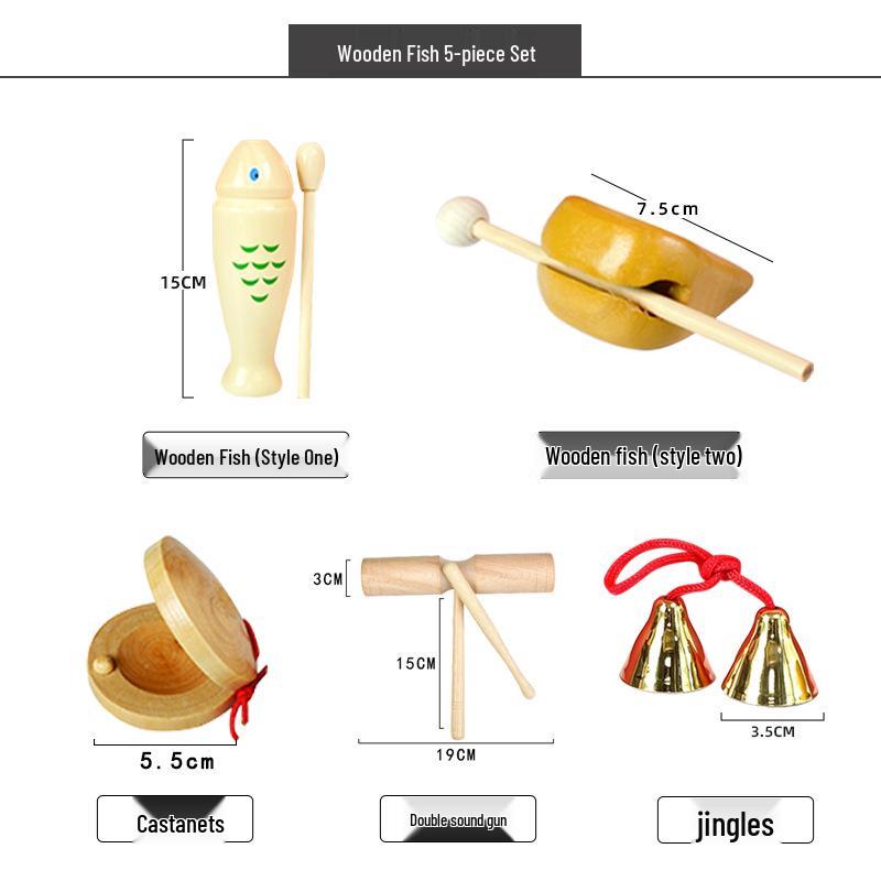 Children's Orff Percussion Instruments: Triangle, Castanets, Maracas, Tambourine, Wood Block, Cymbals
