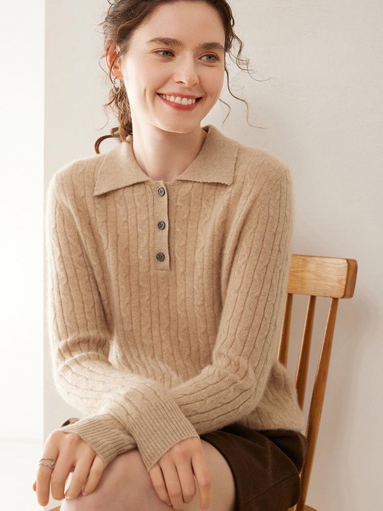 Women's Slim Fit Cable Knit Cashmere Polo Neck Sweater - Autumn/Winter New Style