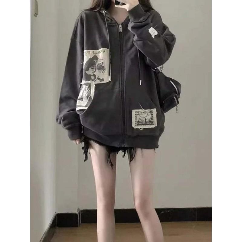 Womens Oversized Hooded Zip-Up Sweatshirt With Embroidered Patch Streetwear Loose Fit Long Sleeve Fall Winter
