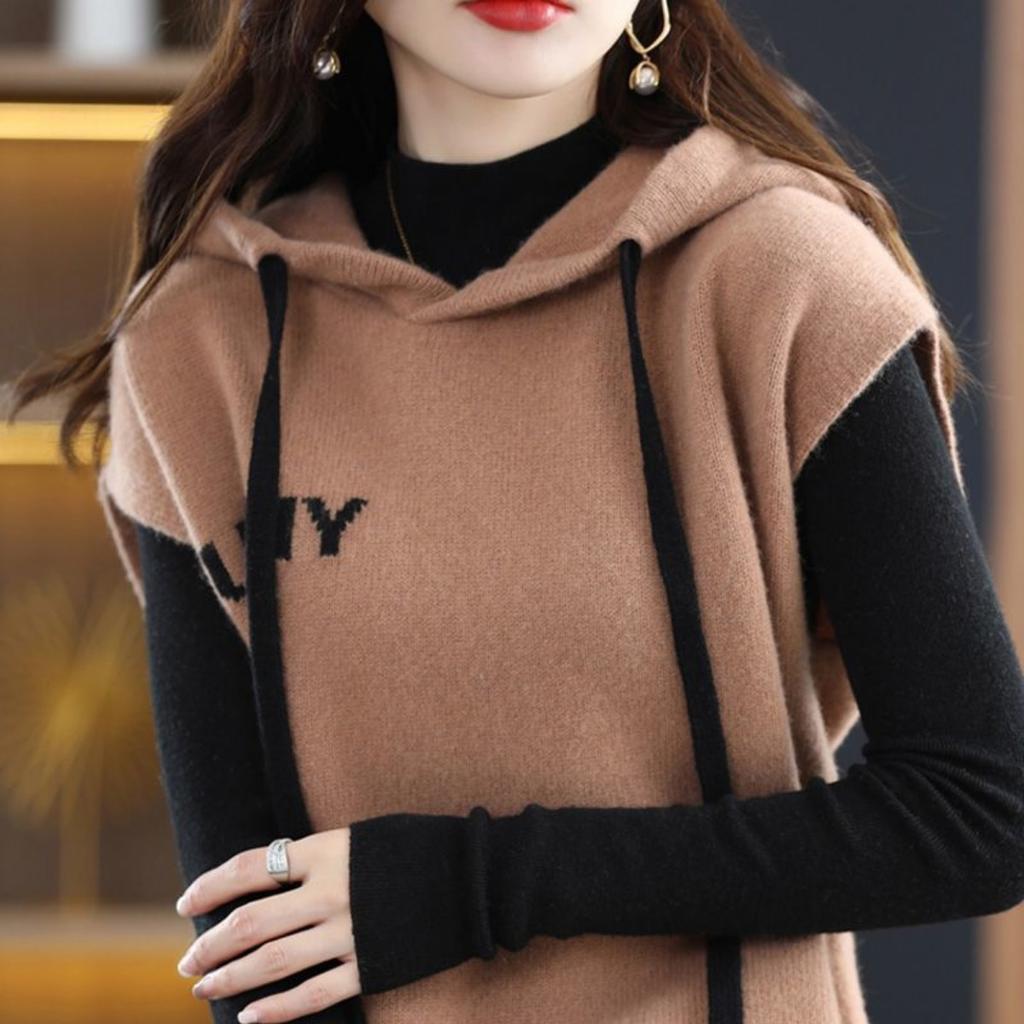 Ermeløs hettegenser, Dame Høst og Vinter Løstsittende Hettegenser Strikket Basegenser