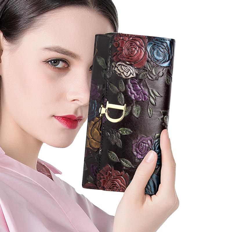 

Женские кошельки Кожаные женщины Длинный кошелек Цветок Тиснение Женский Hasp Кошелек Деньги Клипы Карты Кошелек