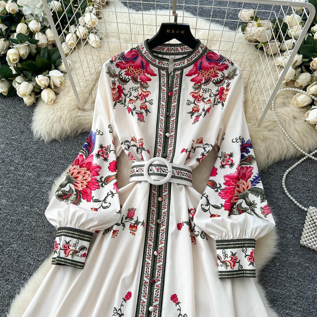 Frühlings-Damen-Stehkragen-Vintage-Print Einreihig Langes Maxi-Urlaubs-Strandparty-Kleid mit Gürtel