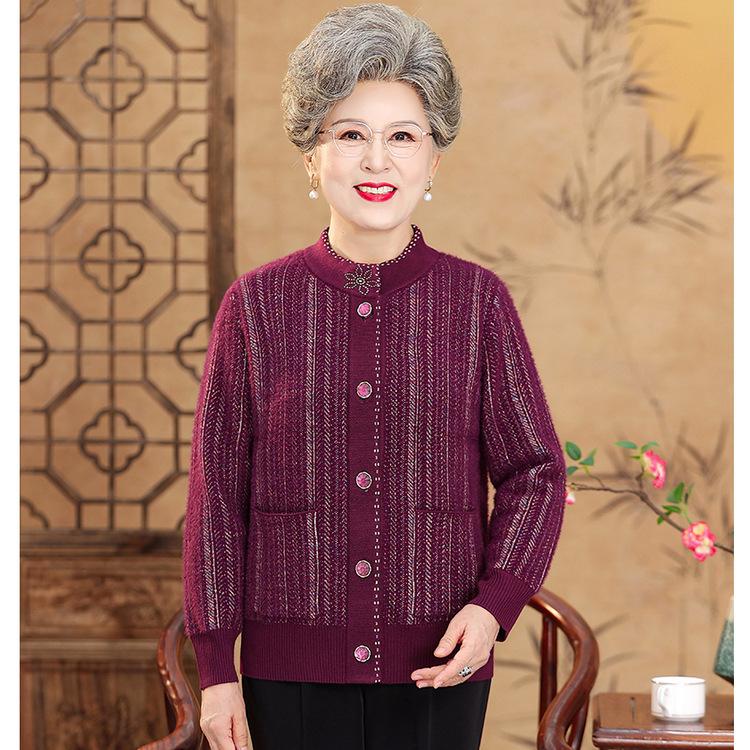 Pull cardigan d'automne à la mode pour mère âgée, veste pull pour personnes d'âge moyen et âgées, haut décontracté d'automne pour grand-mère
