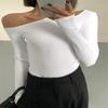2KWEIRD Fashion Skew Collar Off-shoulder Long-sleeved T-shirts Women New Solid Slim Fit Crop Top Sexy Hollow Out Tees Shirts