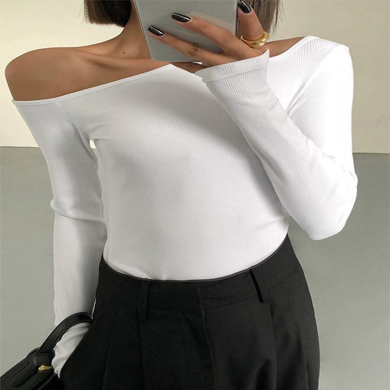 2KWEIRD Fashion Skew Collar Off-shoulder Long-sleeved T-shirts Women New Solid Slim Fit Crop Top Sexy Hollow Out Tees Shirts