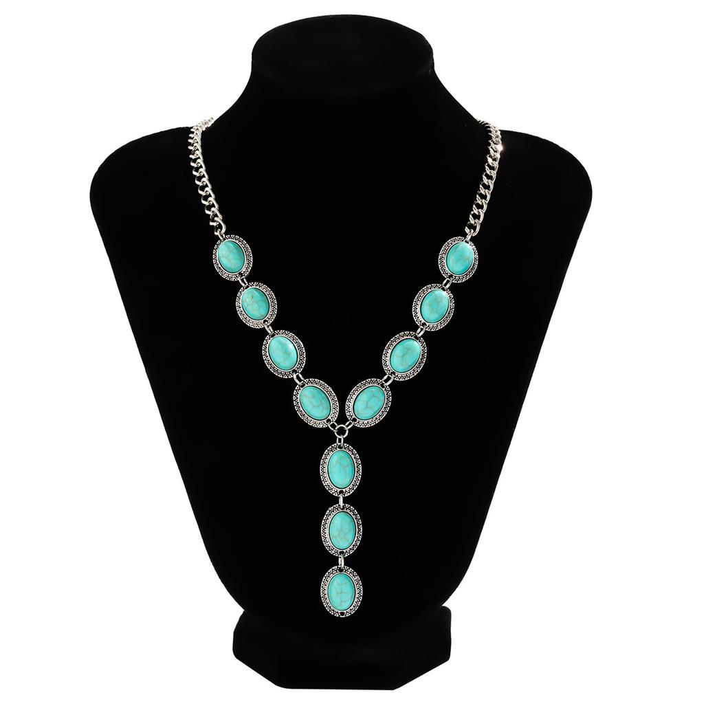 Retro Ethnic Turquoise Necklace Set, Fashionable Punk Metal Chain Collarbone Necklace.