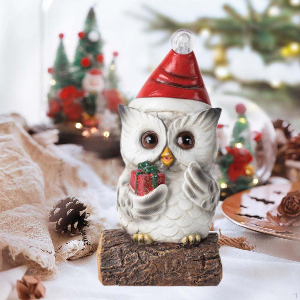 Christmas Owl Sculpture Big Eyes Statue with Light House Decor Craft Figurine for Desktop