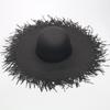 Women's wide-brimmed hat, tassel floss beach hat, foldable pure woven sun-visor, white and black paper straw round hat
