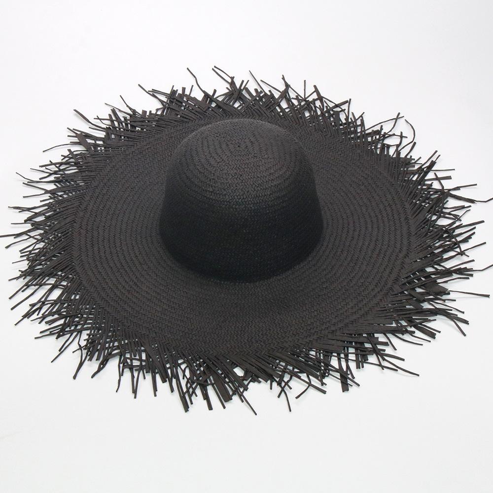Women's wide-brimmed hat, tassel floss beach hat, foldable pure woven sun-visor, white and black paper straw round hat