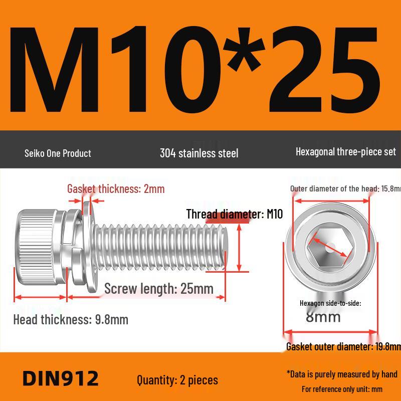 304 Stainless Steel Hex Socket Cap Screw with Washer - Sizes M3, M4, M5, M6, M8, M12