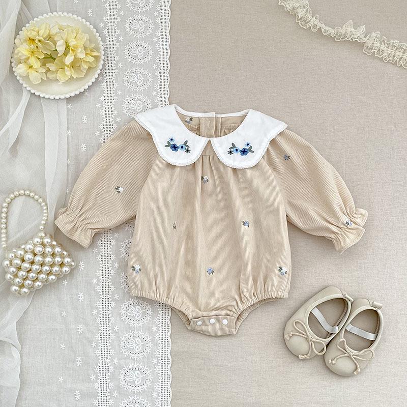 Bestickter Kragen Baby Mädchen Strampler im koreanischen Stil - Frühling/Herbst Mode Langarm Jumpsuit