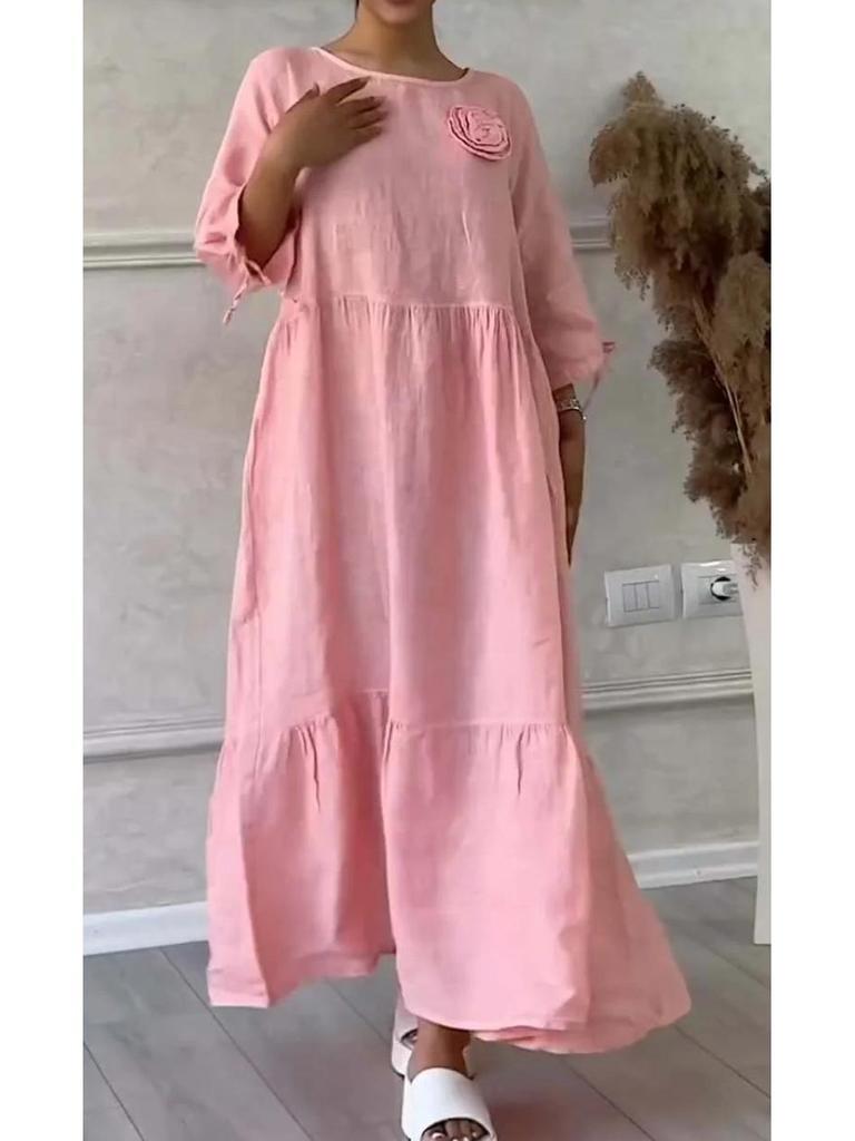 2024 EU & US Style Women's Round Neck Gathered Long Sleeve Drawstring Back Tie Solid Casual Dress