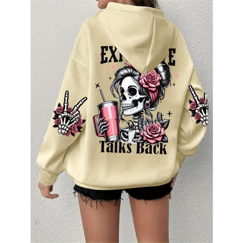 Popular Extended Hoodie with Long Sleeves Featuring a Skull And Letter Print, Casual Oversized Sweatshirt