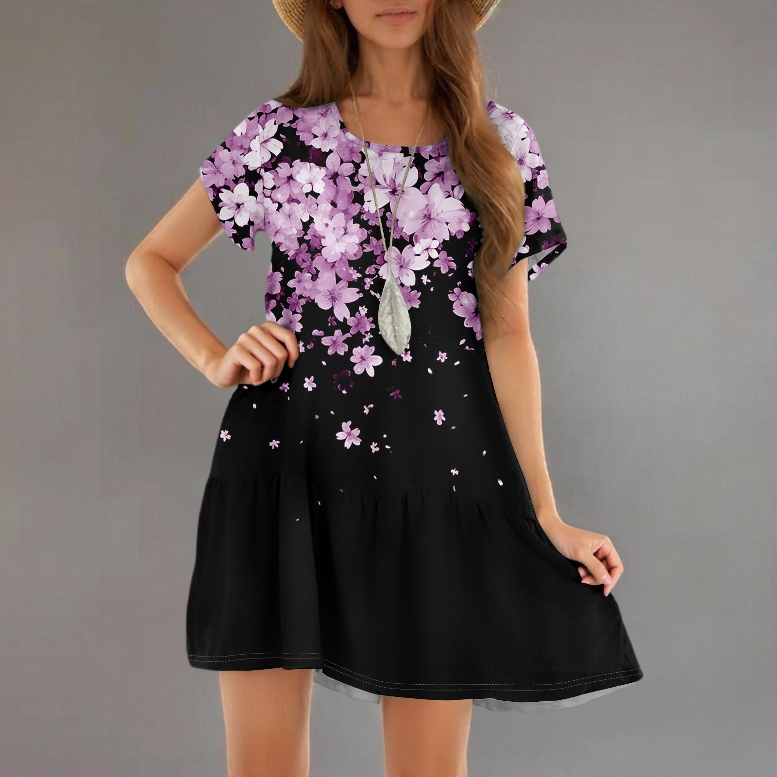 

Women s Fashion Casual Round Neck Short Sleeve Ruffle Gradient Printed Dresses M фіолетовий