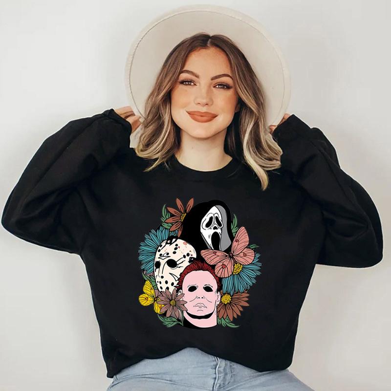 

Осень и Зима Женский Тяжелый Хлопковый Смесовый Свитшот с Круглым Вырезом и Принтом Букв на Хэллоуин 5XL чёрный