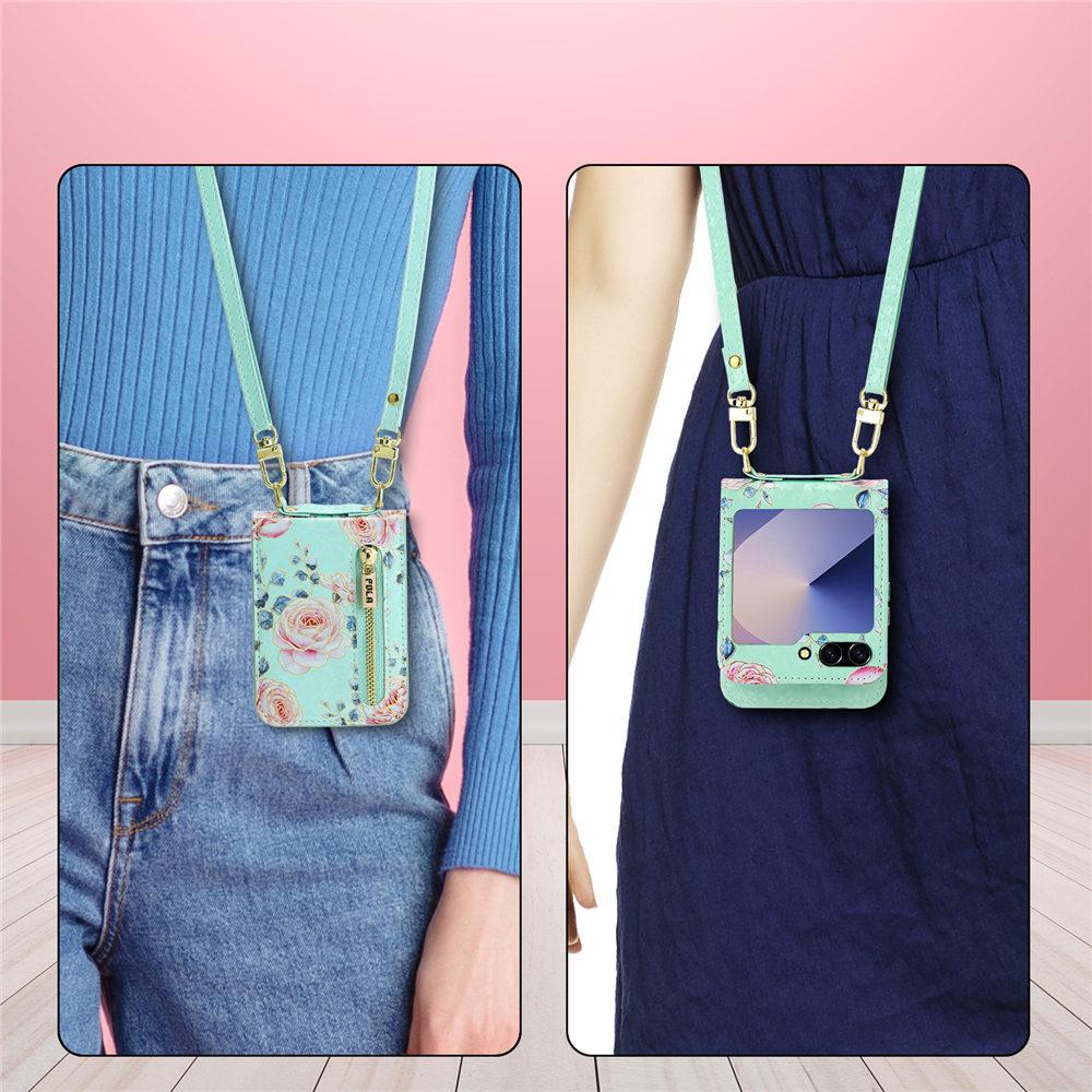Zipper Crossbody Wallet Cards Slot Flower Case For Samsung Galaxy Z Flip 7 6 Flip 5 4 3 Leather Long Lanyard Strap Cover