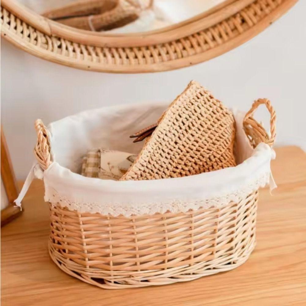 Handmade Desktop Weaving Basket Two-Sided Handle Willow Weaving Toy Basket  Home Decor