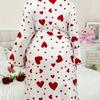 Women's Heart Printed Robe Soft Belted Kimono Bathrobe Mid Length Shower Spa Loungewear Cozy Long Sleeve Pajamas