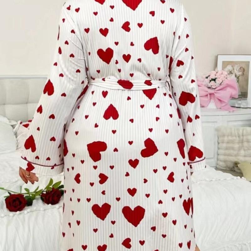 Women's Heart Printed Robe Soft Belted Kimono Bathrobe Mid Length Shower Spa Loungewear Cozy Long Sleeve Pajamas