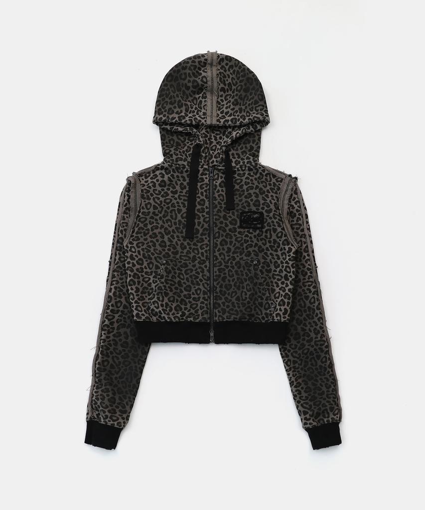 Badblood Raw Edge Zip-Up Hoodie Slim Fit - Black Leopard