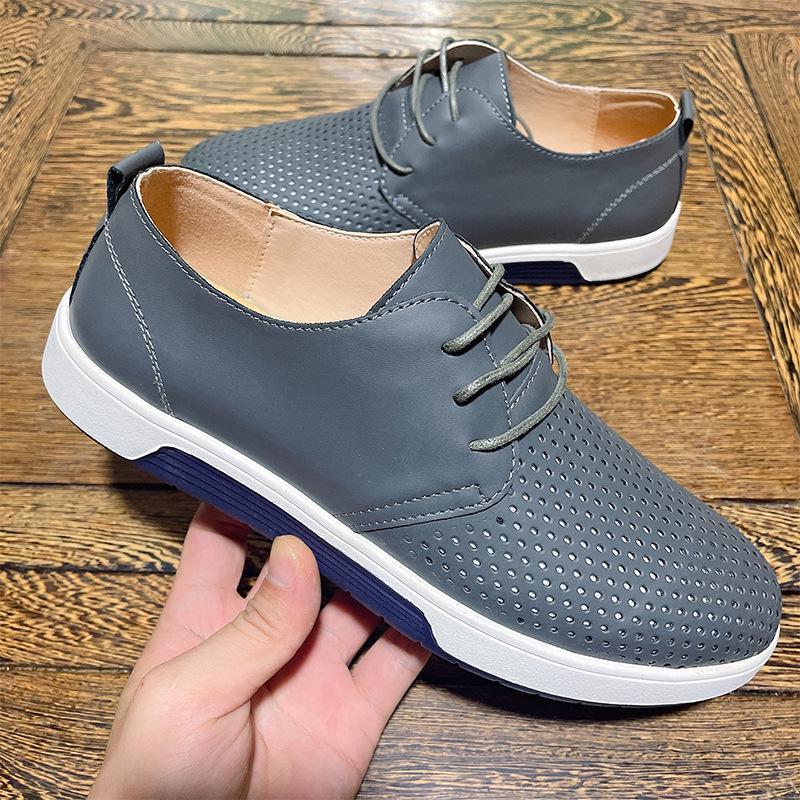 Men's British Style Summer Leather Shoes: Hollow Design, Large Size, Round Toe for Casual and Business Wear.