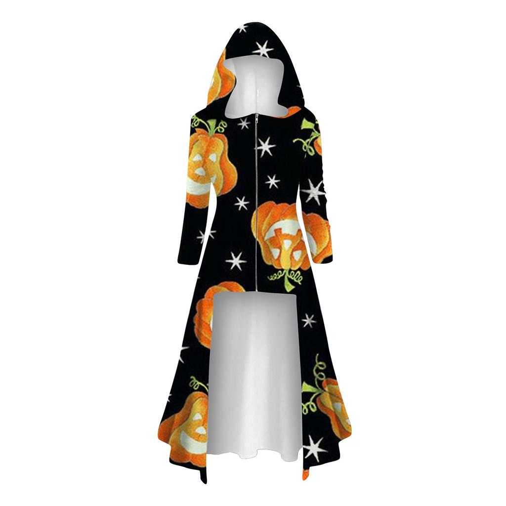 Mode Damen Tops Halloween Langarm Lange Kapuze Vintage Reißverschluss Cape Lose Kleider