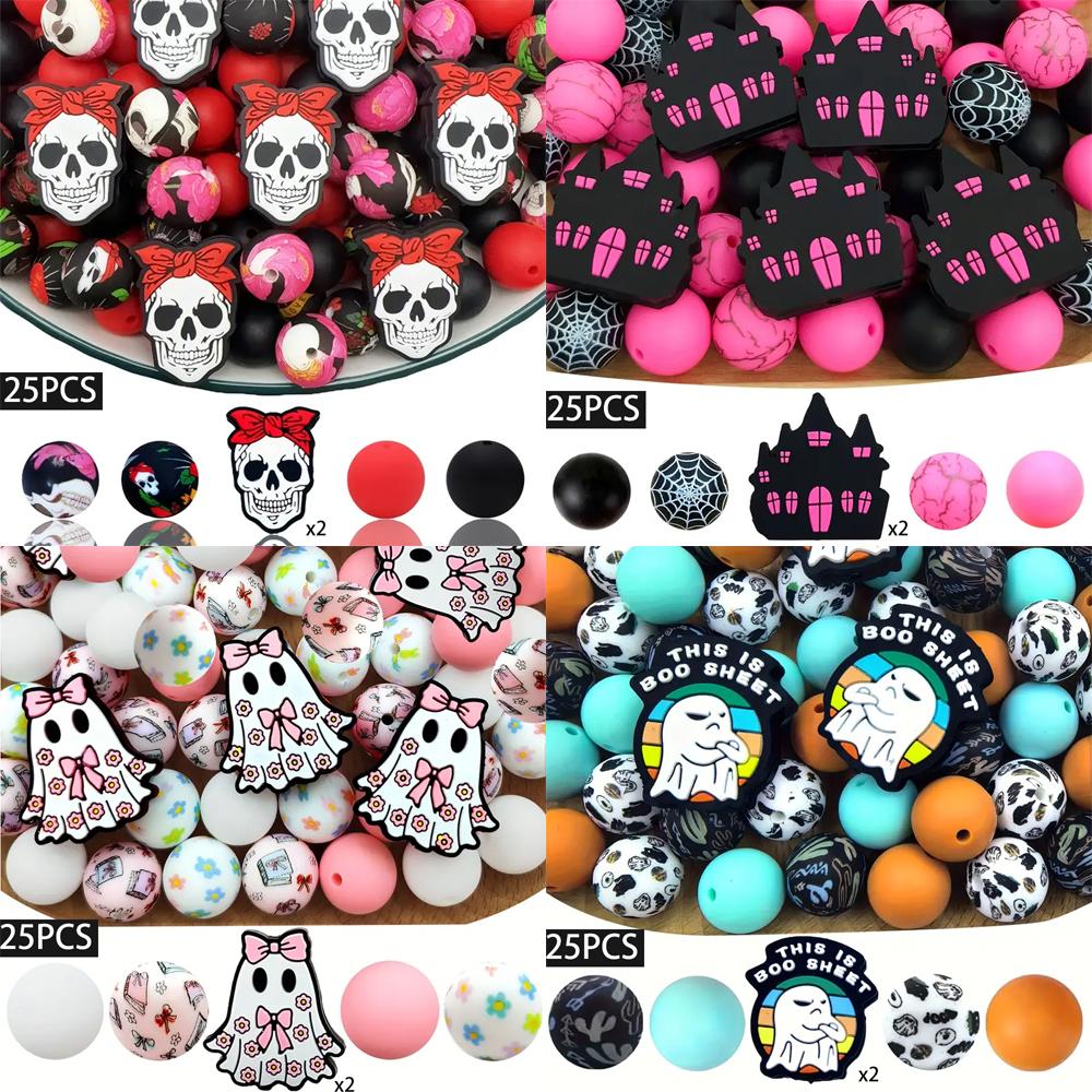 25PCS Multi-Size Halloween-Themed Silicone Beads Set, Perfect for DIY Craft Projects Like Keychains, Necklaces, Bracelets & More