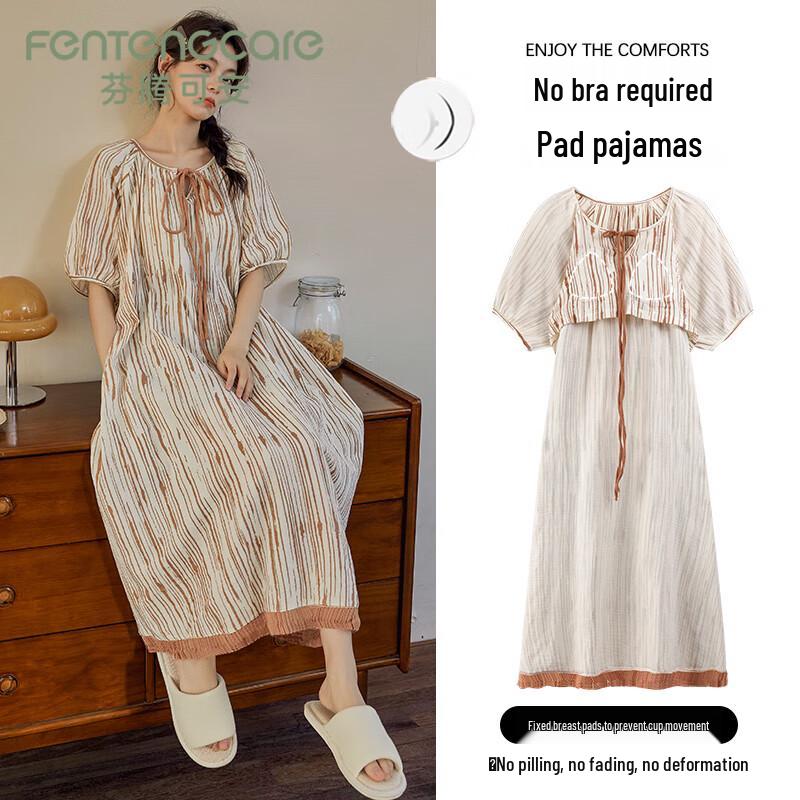 FENTENGCARE Women s Summer Striped Mid-Length Sleep Dress with Chest Pad XL