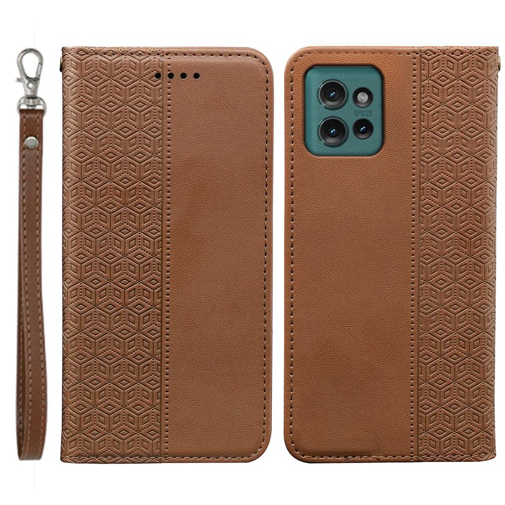 For Motorola Edge 50 5G Wallet Phone Case Checkered Pattern Imprint Leather Flip Cover with Wrist Strap