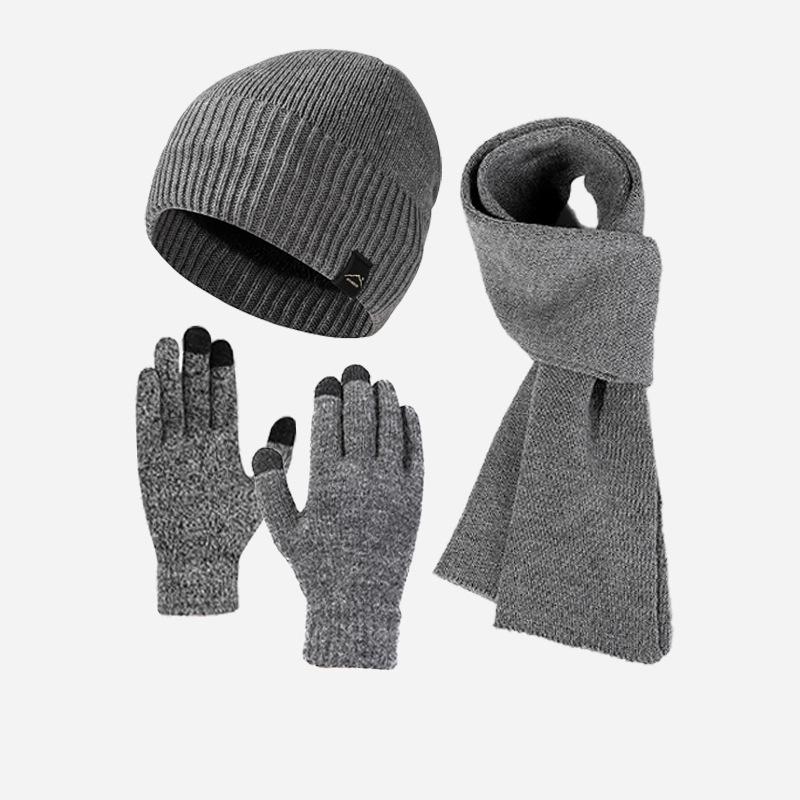 Thick Velvet Warm Windproof Three-Piece Set Big Head Circumference Knitted Hat Long Scarf Touch Screen Gloves