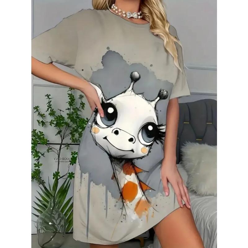 Plus Size Casual Dress with Cute Girl Print and Round Neck