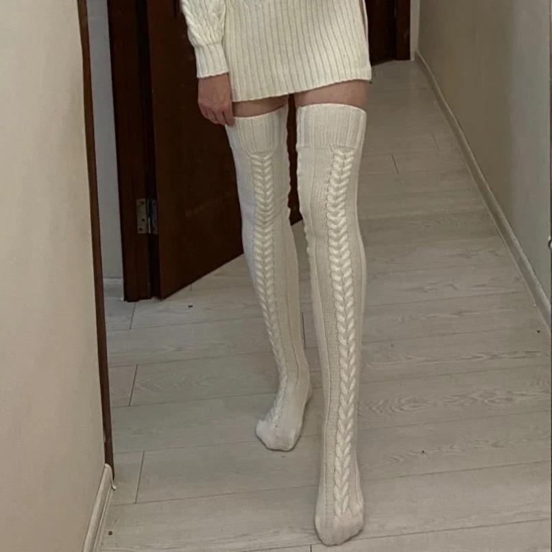 Thigh High Stockings Women Winter Warm Ladies Girls Black White Over Above Knee Sock Extra Long Female Plus Size Foot Leg Warmer