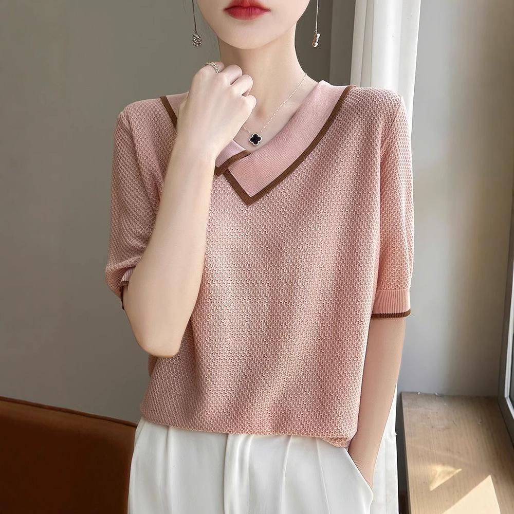 Summer Women's Knitted T-shirt Top V-neck Ice Silk Knitted Shirt Short Sleeve for Women